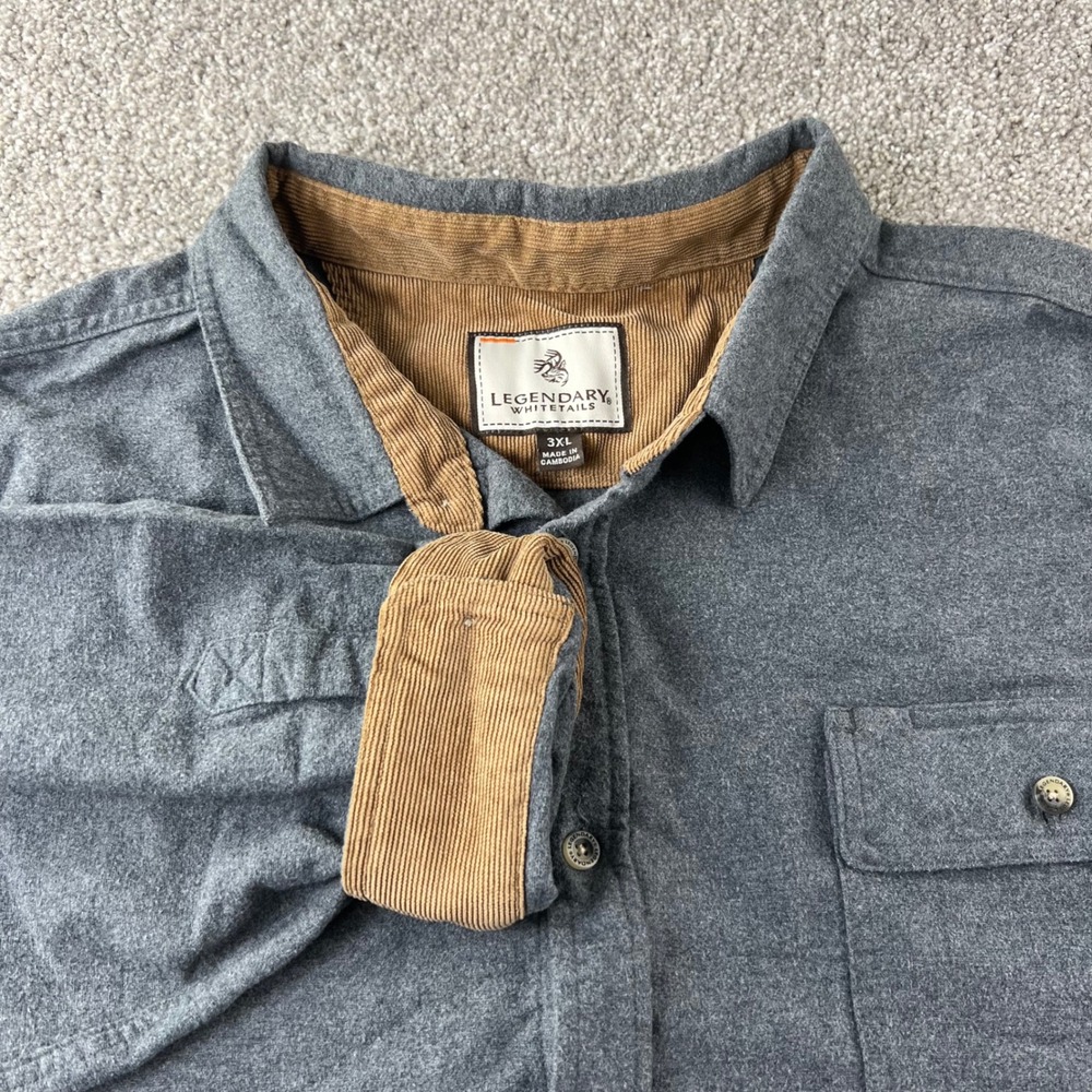 Legendary Whitetails Men 3XL Gray Flannel Shirt Corduroy Collar Button Up Casual